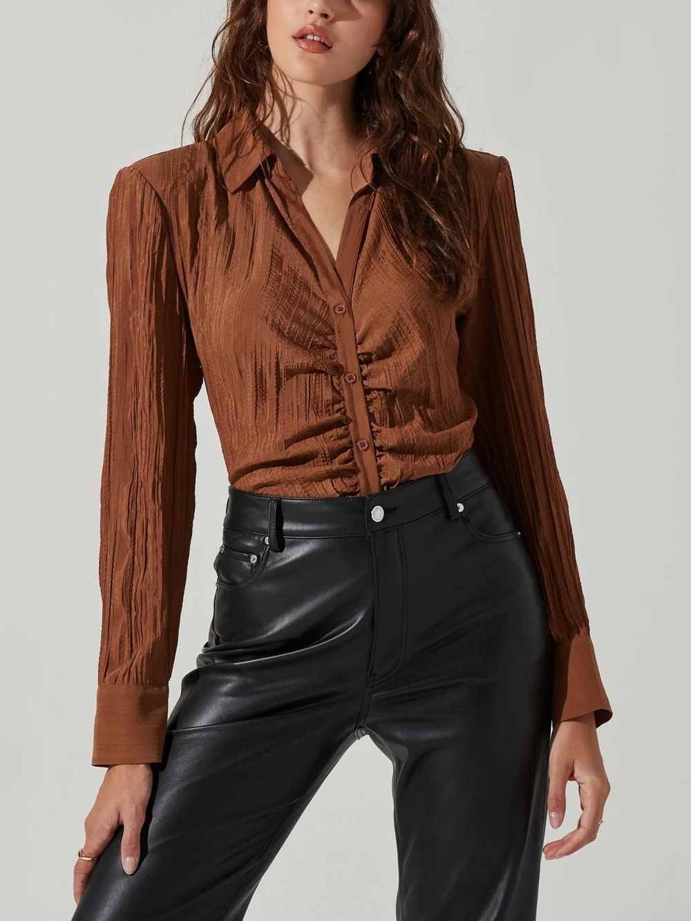 Astr Brown Textured Ruched Button-Down Shirt